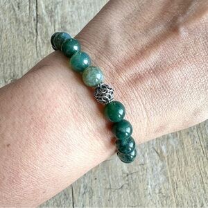 Forest Green Moss Agate Gemstone Bracelet Sterling Silver Accent Bead Unisex 8mm